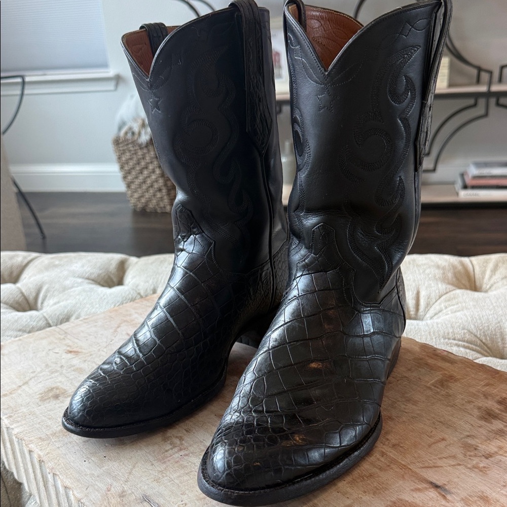J B Hill Men's 9 EE Black Bias Cut Alligator Crocodile COWBOY Western Boots - Picture 2 of 8